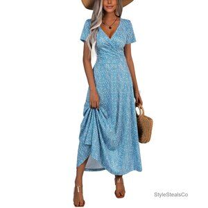 Short Sleeve Wrap V-Neck Maxi Dress with Pockets, Boho Floral